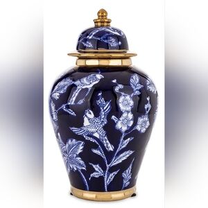 Blue and White Ceramic Birds And Floral Ginger Jar With Gold Trim 9 In